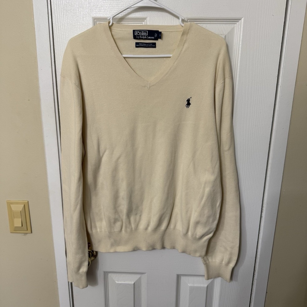 VTG Polo Ralph Lauren Cream V-Neck Sweater Men's Large Pima Cotton